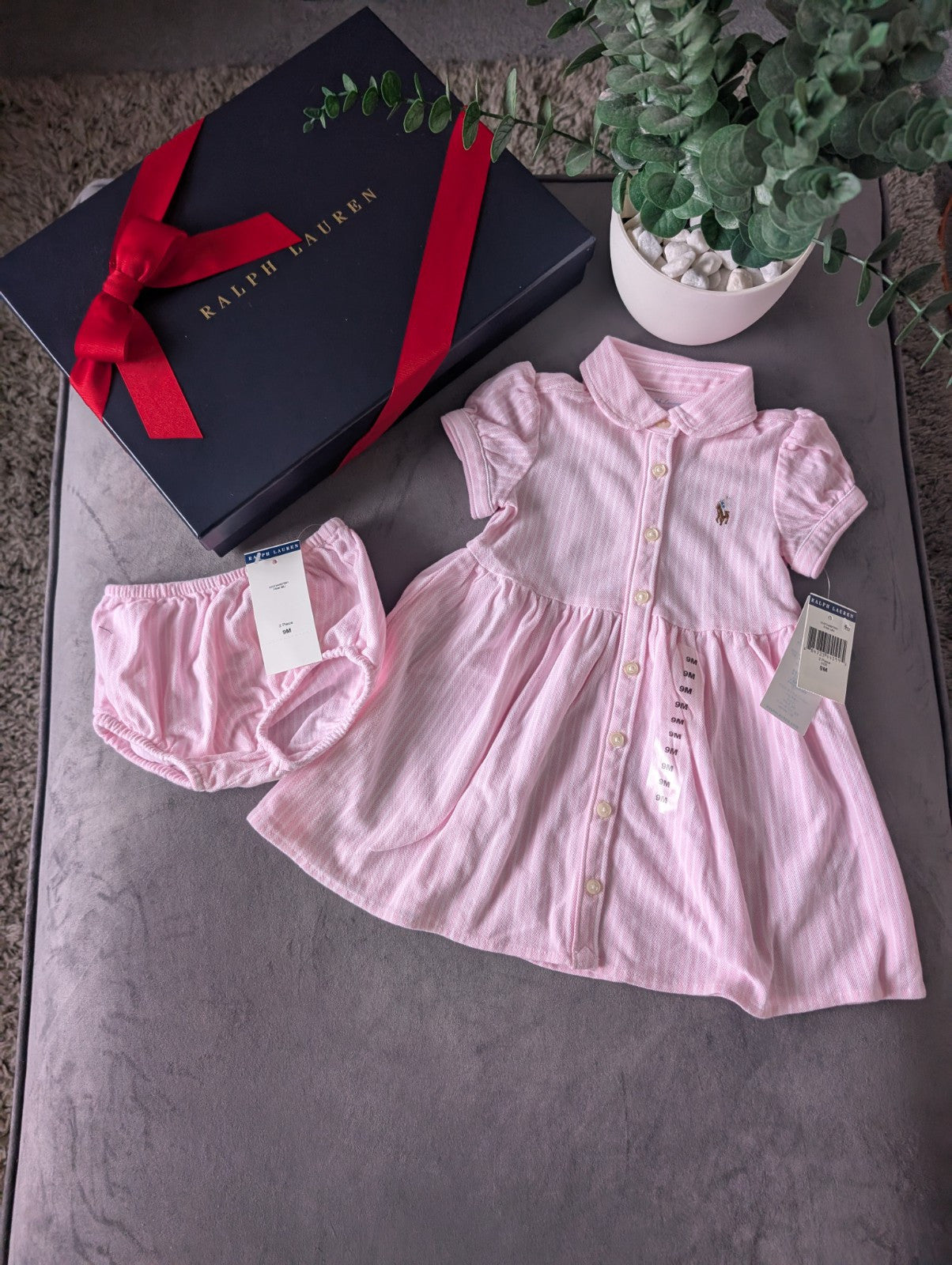 New Ralph Lauren Baby Girl Oxford Mesh Dress & Bloomer Carmel Pink 6-9m Gift