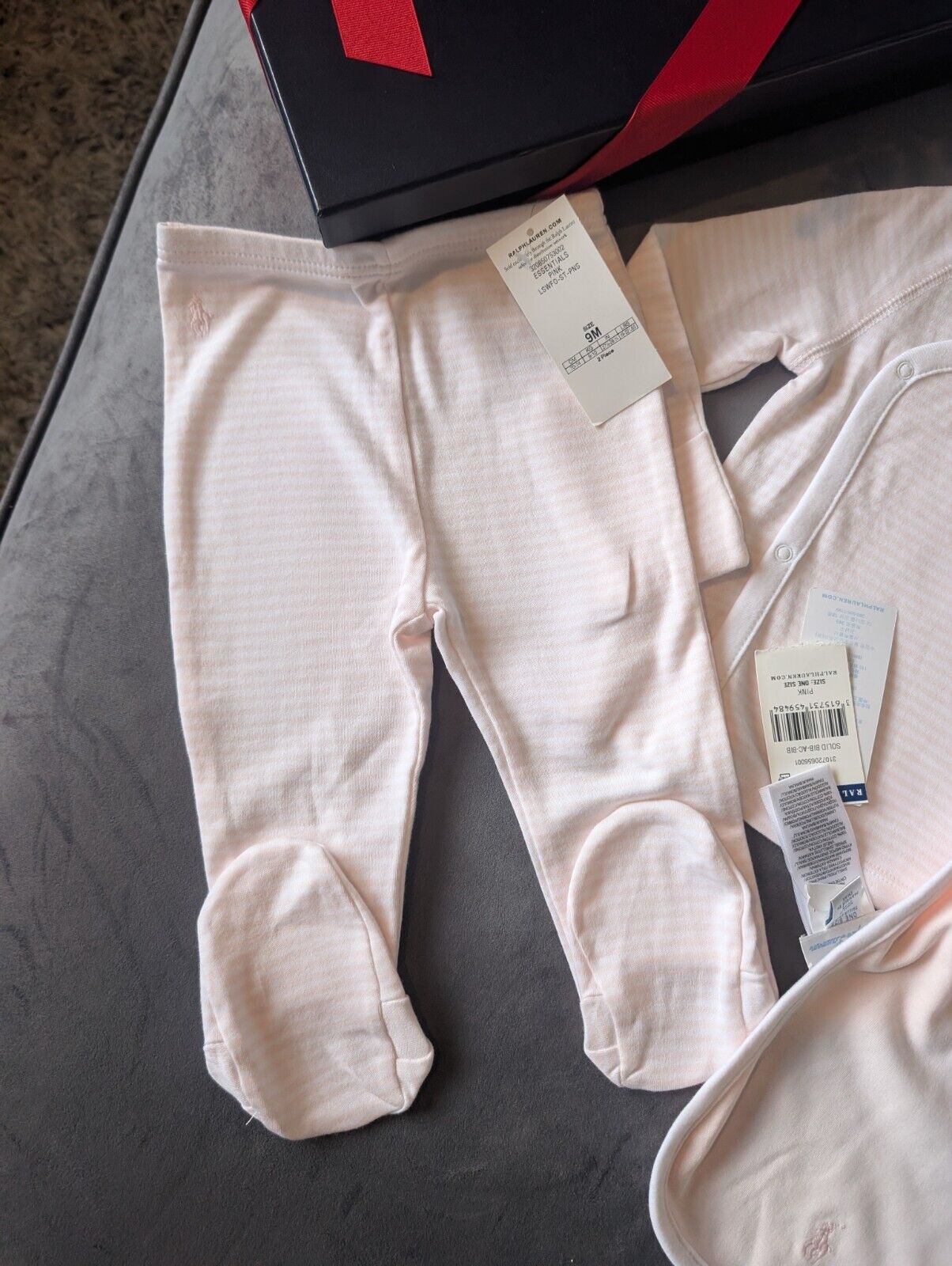 New Ralph Lauren Baby Girl 3 Piece Set Pants Top + Bib Pink Stripe Gift 6-9m