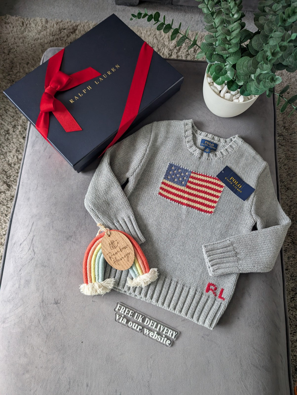 New Polo Ralph Lauren Grey Smart American flag jumper age UK 4-5yr USA Boys Gift