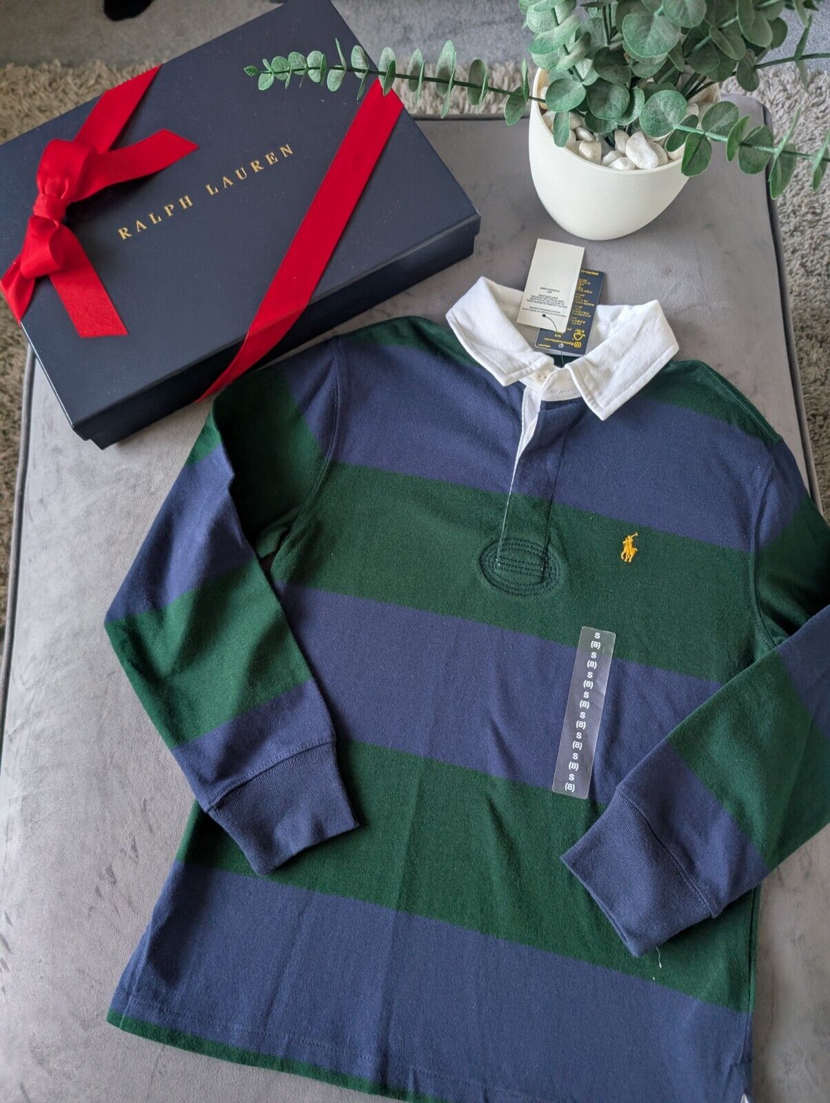 New Ralph Lauren Boys Rugby Style Stripe Long Sleeve Polo Green Navy 8 y Boys