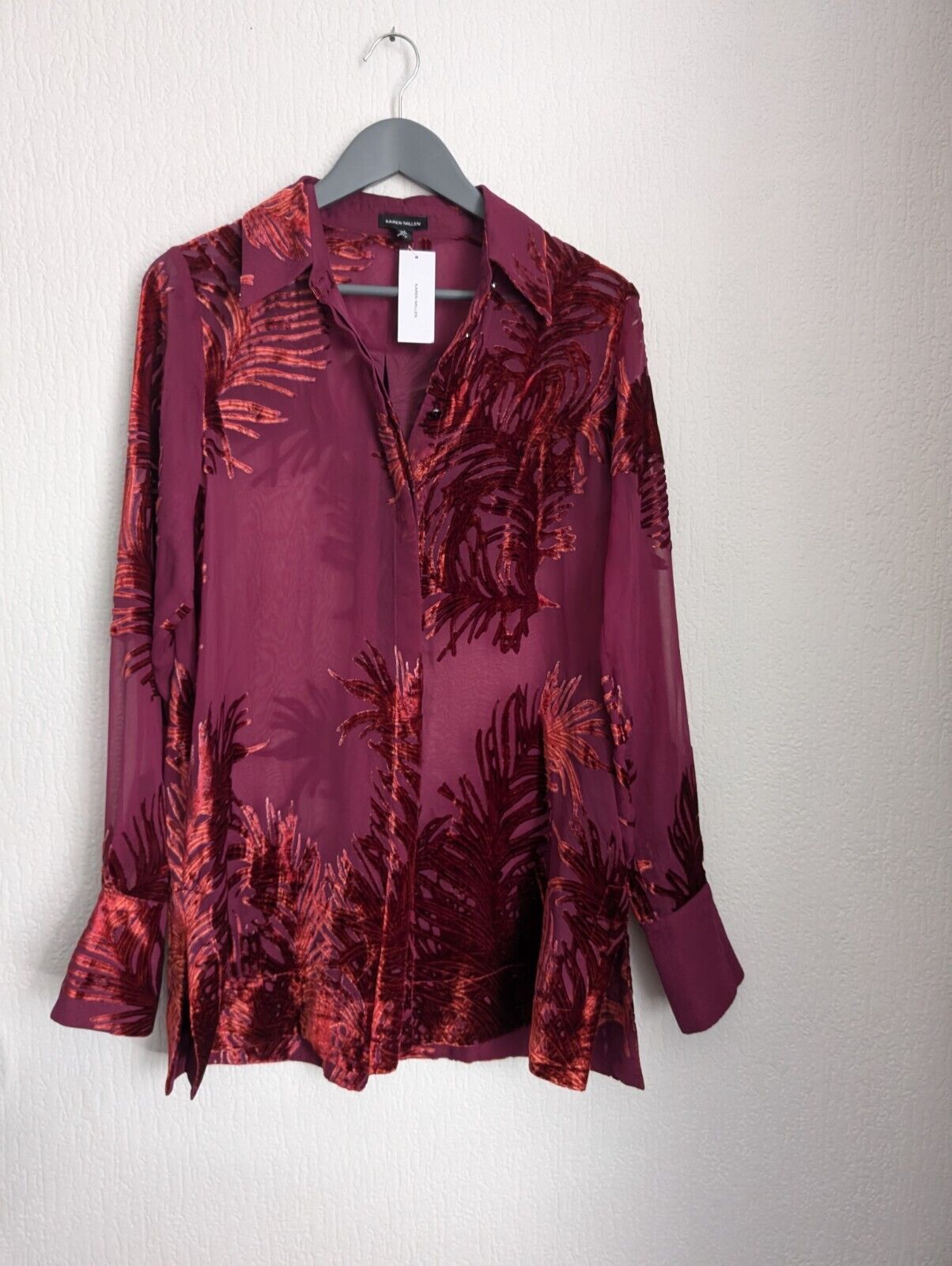 New Karen Millen Feather Devore Woven Shirt BNWT Burgundy Pink Sheer Smart UK 10