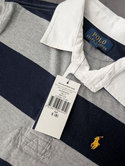 New Ralph Lauren Boys Rugby Style Stripe Long Sleeve Polo Grey Navy  8y Boys