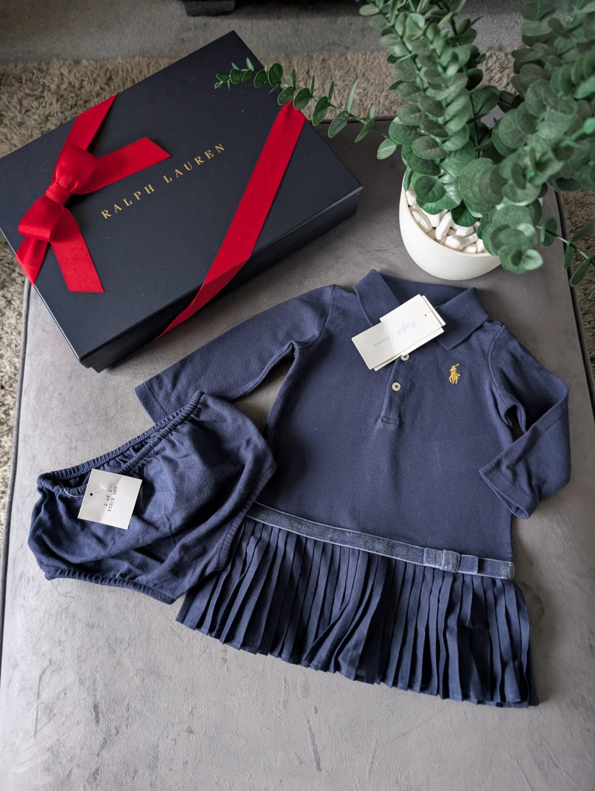 New Ralph Lauren Pleated shirt dress Blue Bow 6-9m Occasion Formal Tennis Gift