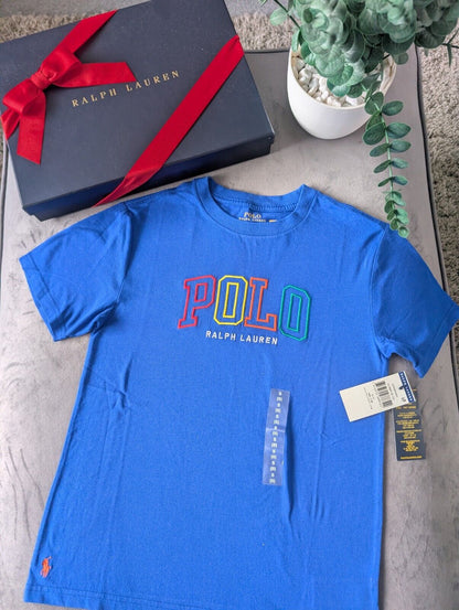 New Ralph Lauren Boys Blue Smart Pony T Shirt Age 8 Casual Embroided Rainbow