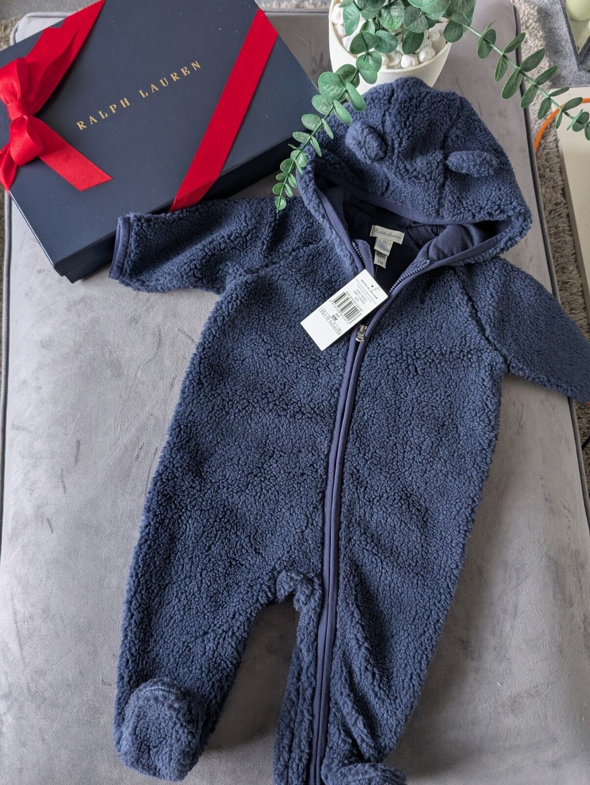 New Ralph Lauren baby boys faux shearling bear all in one snowsuit baby gift 3-6