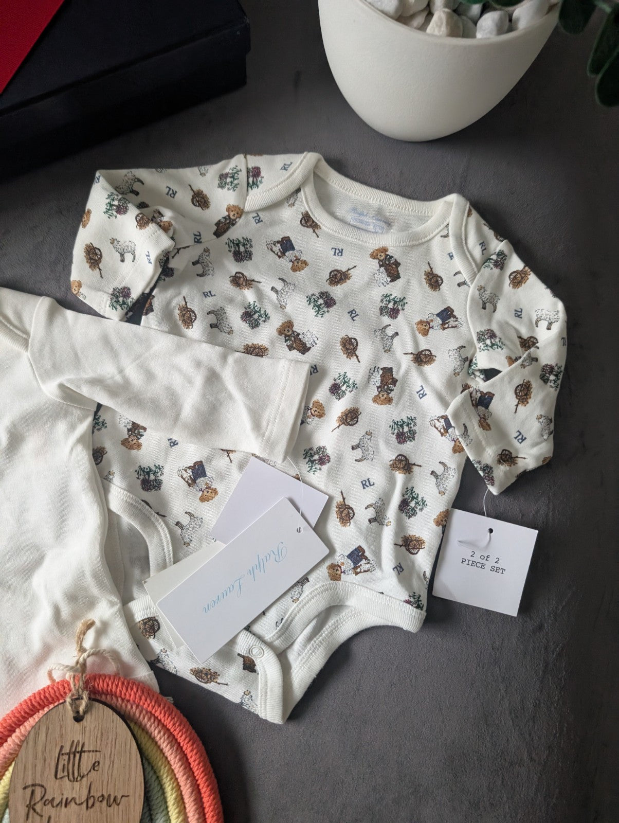 New Ralph Lauren Baby X 2 White Unisex Bear Floral Vest Logo Newborn Gift Cute