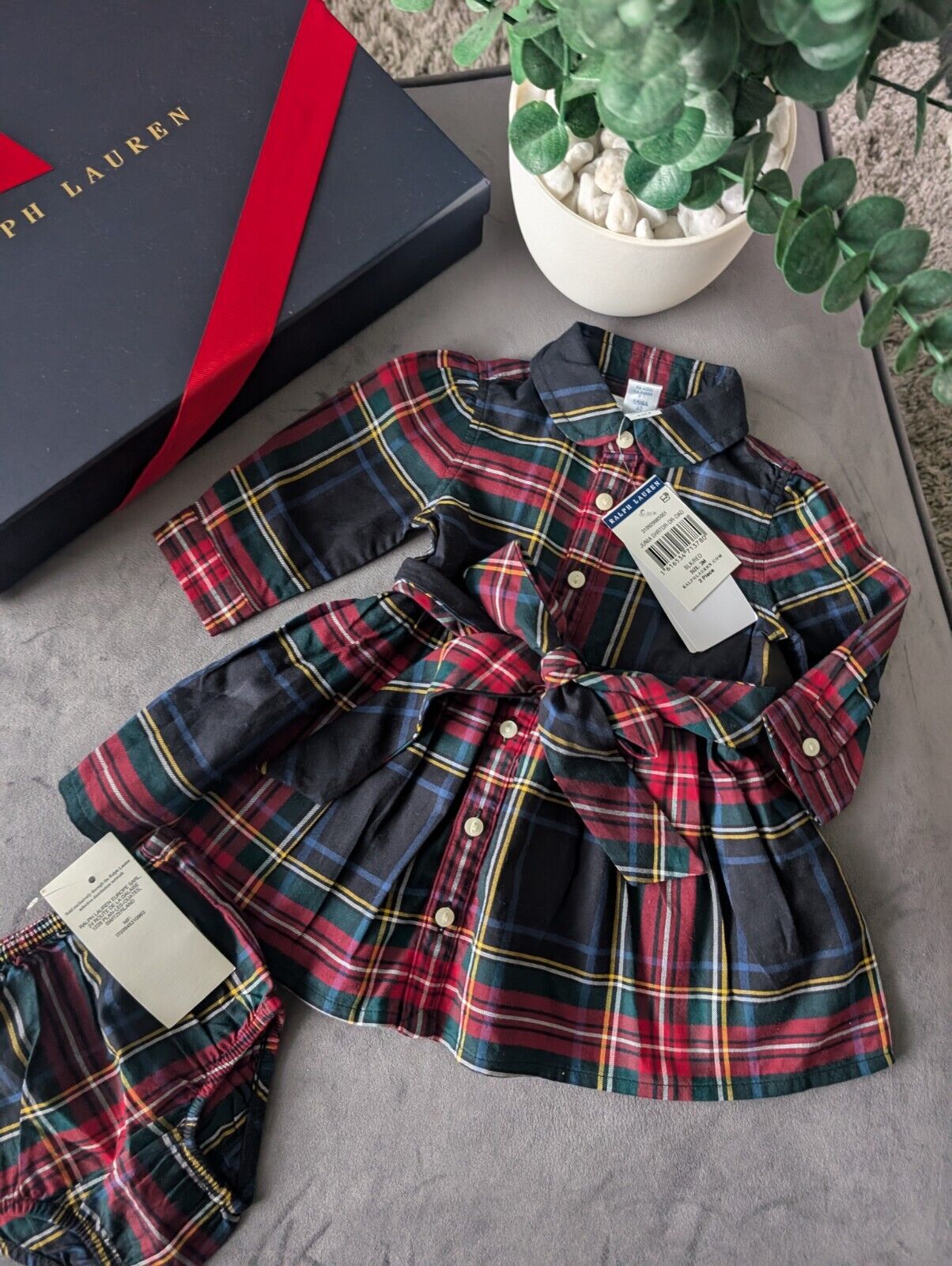 New Stunning Ralph Lauren Girls Tartan Plaid Flannel L Sleeve Dress 0-3m occasion