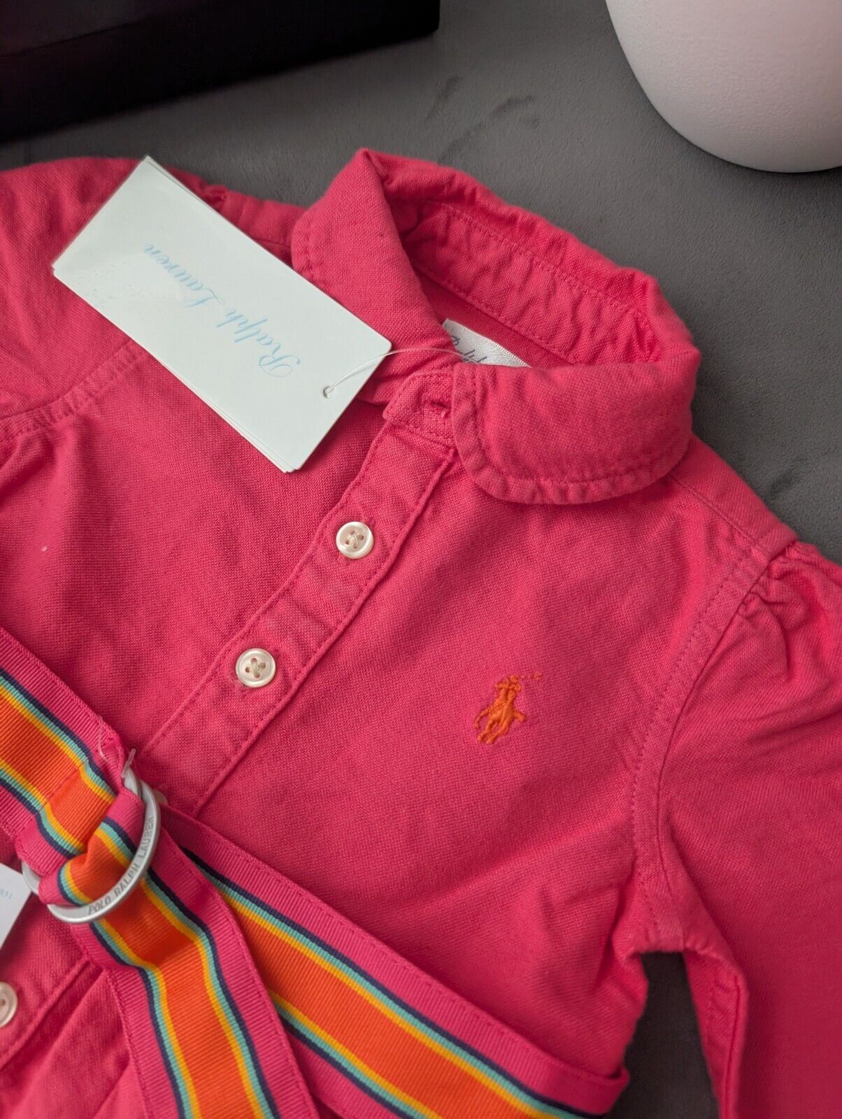 Ralph Lauren Polo girls buttoned Oxford Shirt dress Pink Belt Yellow 0-3m Gift