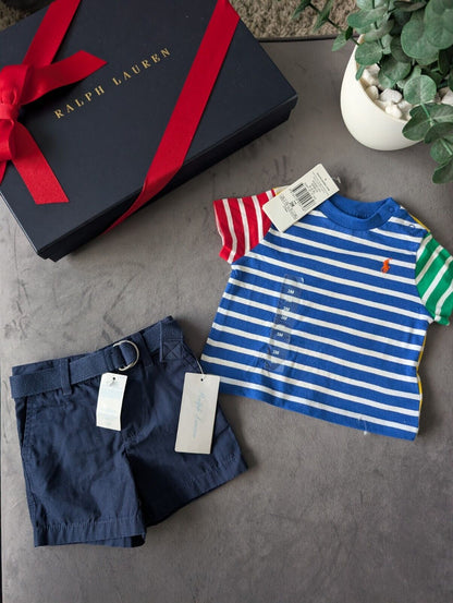 New adorable Ralph Lauren boys Stripe t  shirt + navy blue short set 0-3m gift