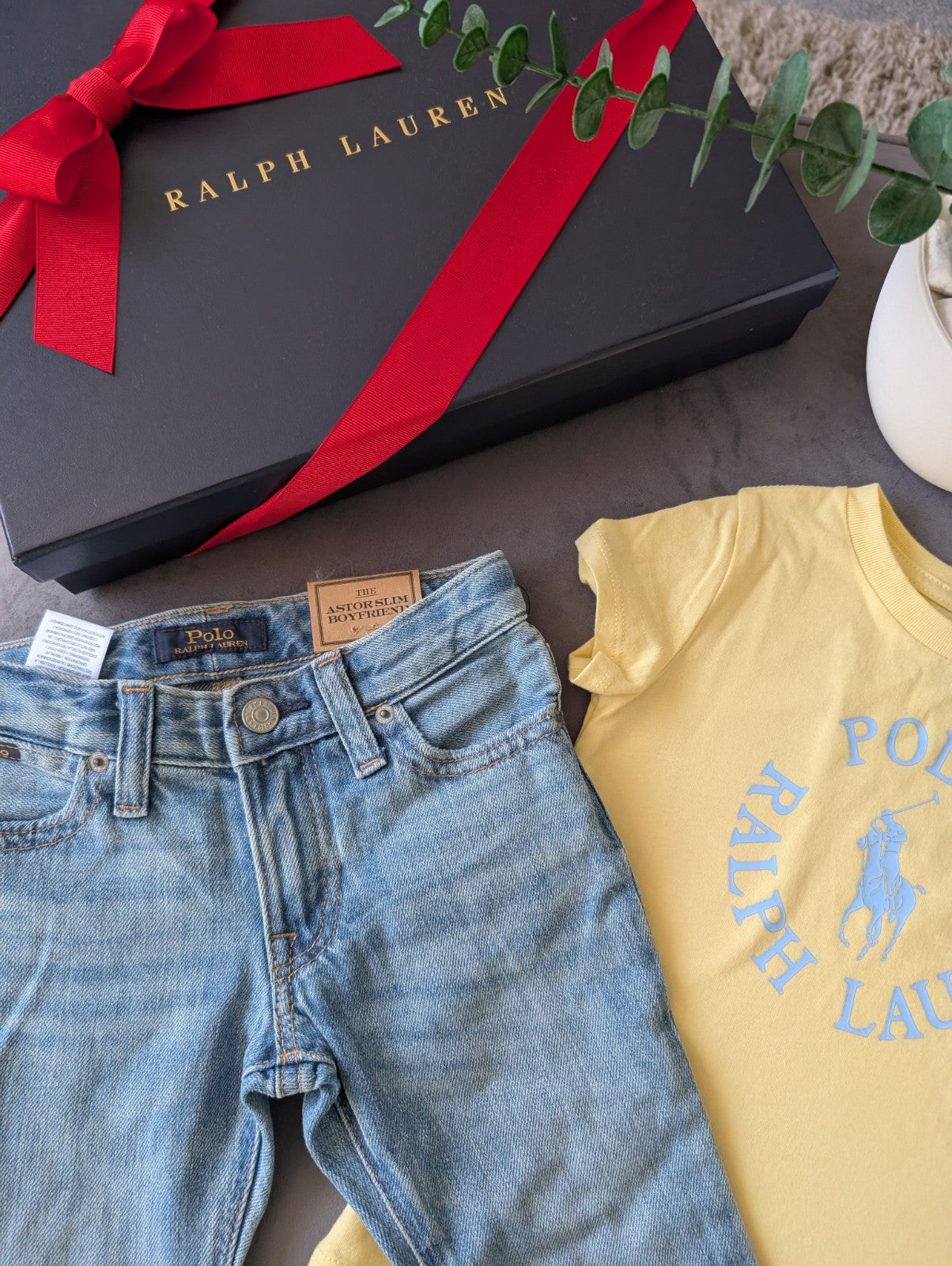 New Ralph Lauren Girls Yellow T Shirt + Blue Denim Boyfriend Jeans Summer 2yrs