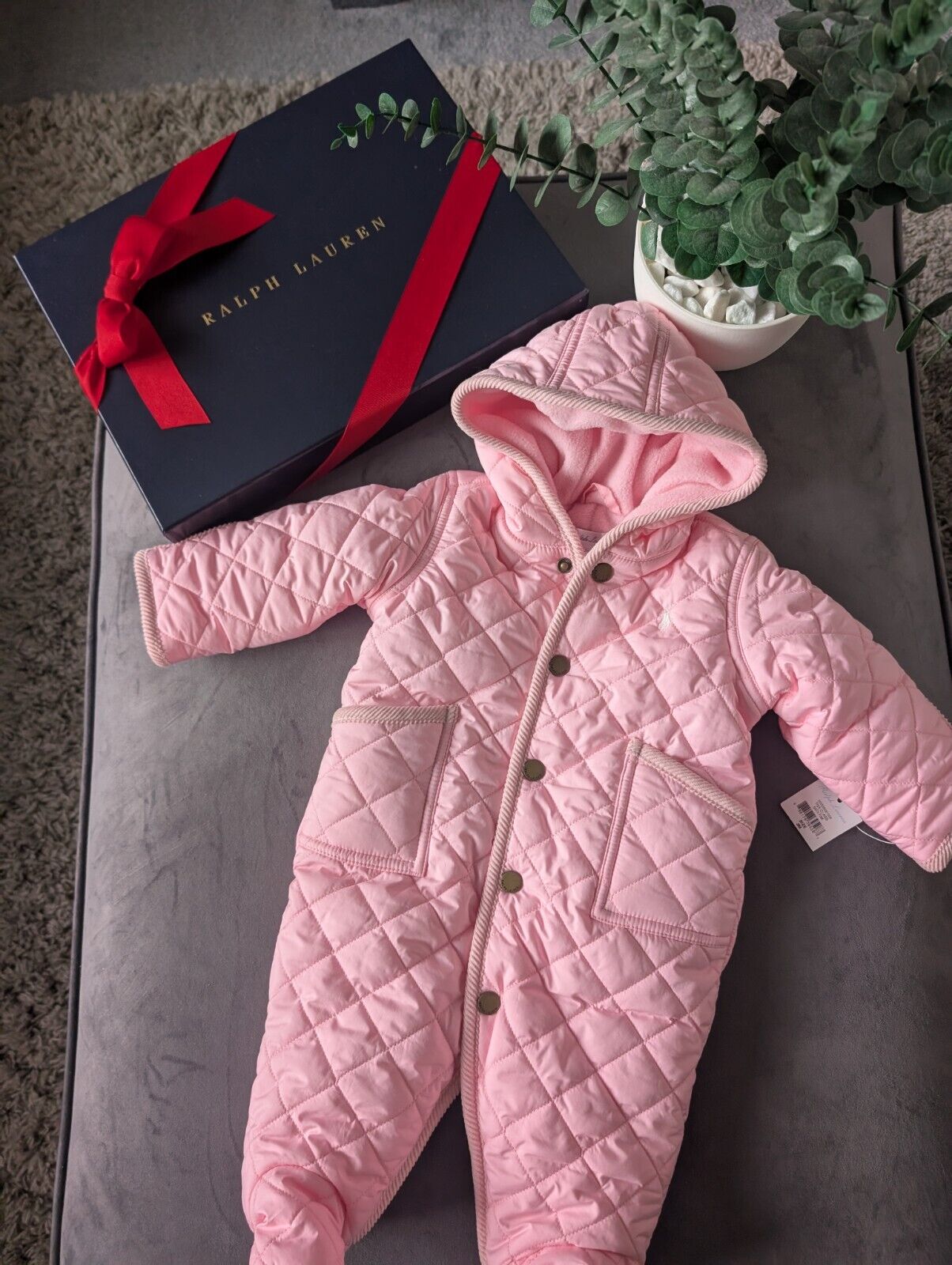 New ralph lauren Baby Pink quilted fleece lined pram suit snowsuit 0-3m Gift