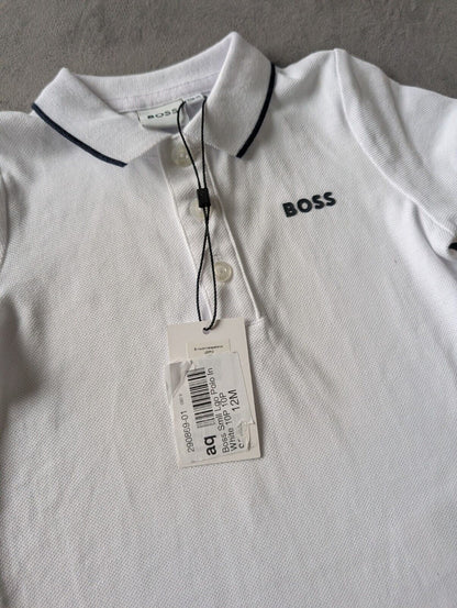 New Hugo Boss Baby Boy Smart White Polo T Shirt Age 9-12m Occasion Gift RRP £55