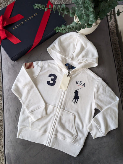 New Boys Ralph Lauren White Hoodie Polo Top American Flag Smart Age 5 Gift