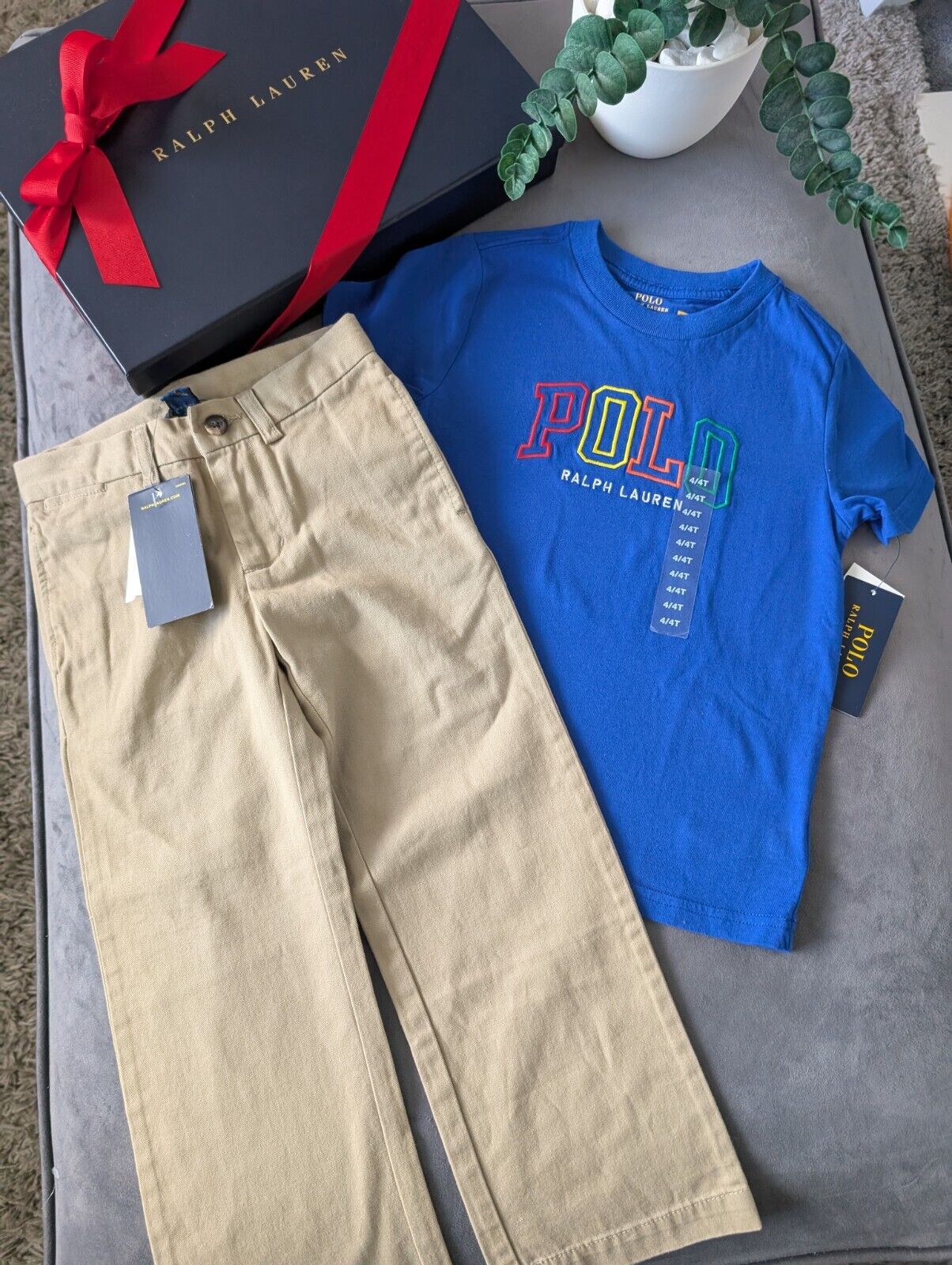 New Boys Ralph Lauren Blue Multi T Shirt & Chino Beige 4yrs Smart Cute Smart