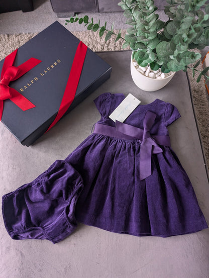 New Ralph Lauren Baby Girls Corduroy Purple Dress Belted + Bloomer Gift Cute 3-6