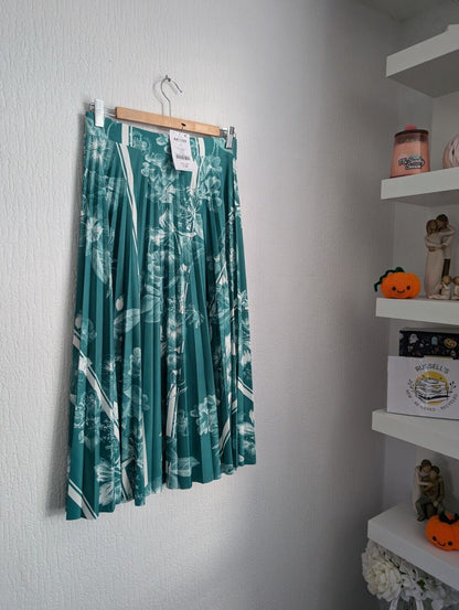 Next Green Floral Pleated Midi Scuba Skirt Elastic Waist Size 10 Autumn Casual