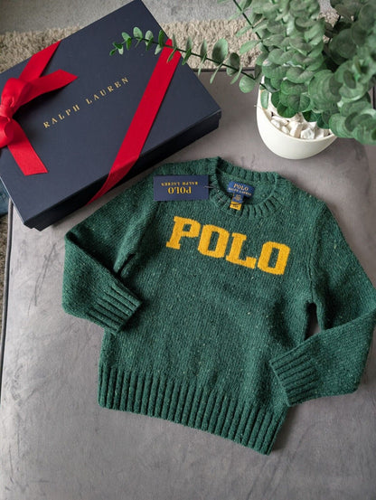 New boys polo Ralph Lauren Green Yellow Wool knit jumper logo polo Gift smart 4y