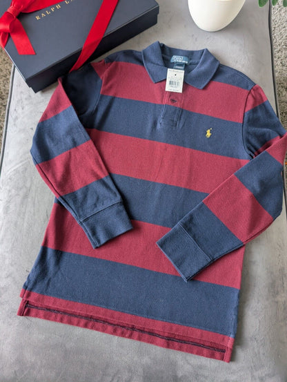 New Ralph Lauren Boys Rugby Style Stripe Long Sleeve Polo Burgundy Navy 10y Boys