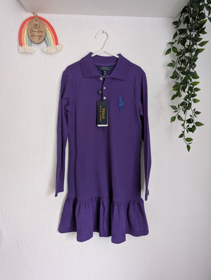 New Ralph Lauren girls Dark Purple Polo dress long sleeve frill age 7 Smart Gift