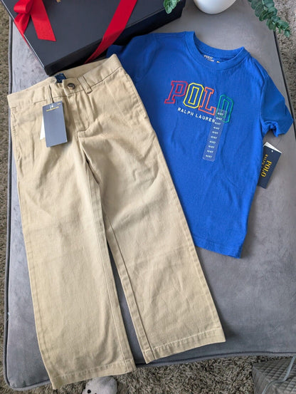 New Boys Ralph Lauren Blue Multi T Shirt & Chino Beige 4yrs Smart Cute Smart