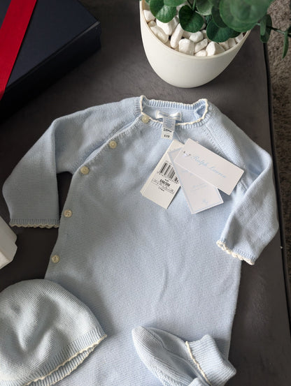 New Ralph Lauren Boys New Baby 3 Piece Gift Set Stripe  6-9 m BlueRRP £115