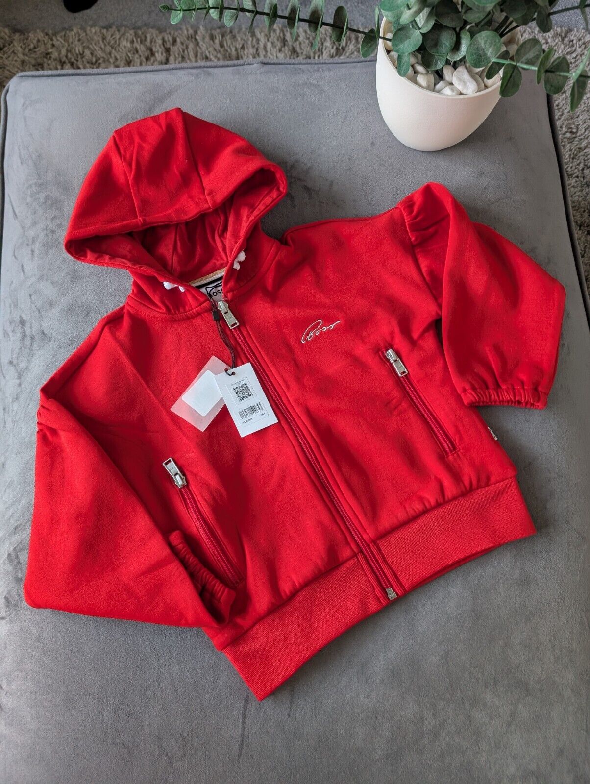 New Gorgeous Girls Hugo Boss Hoodie Red Age 6  Glitter Logo Puff Sleeve Gift