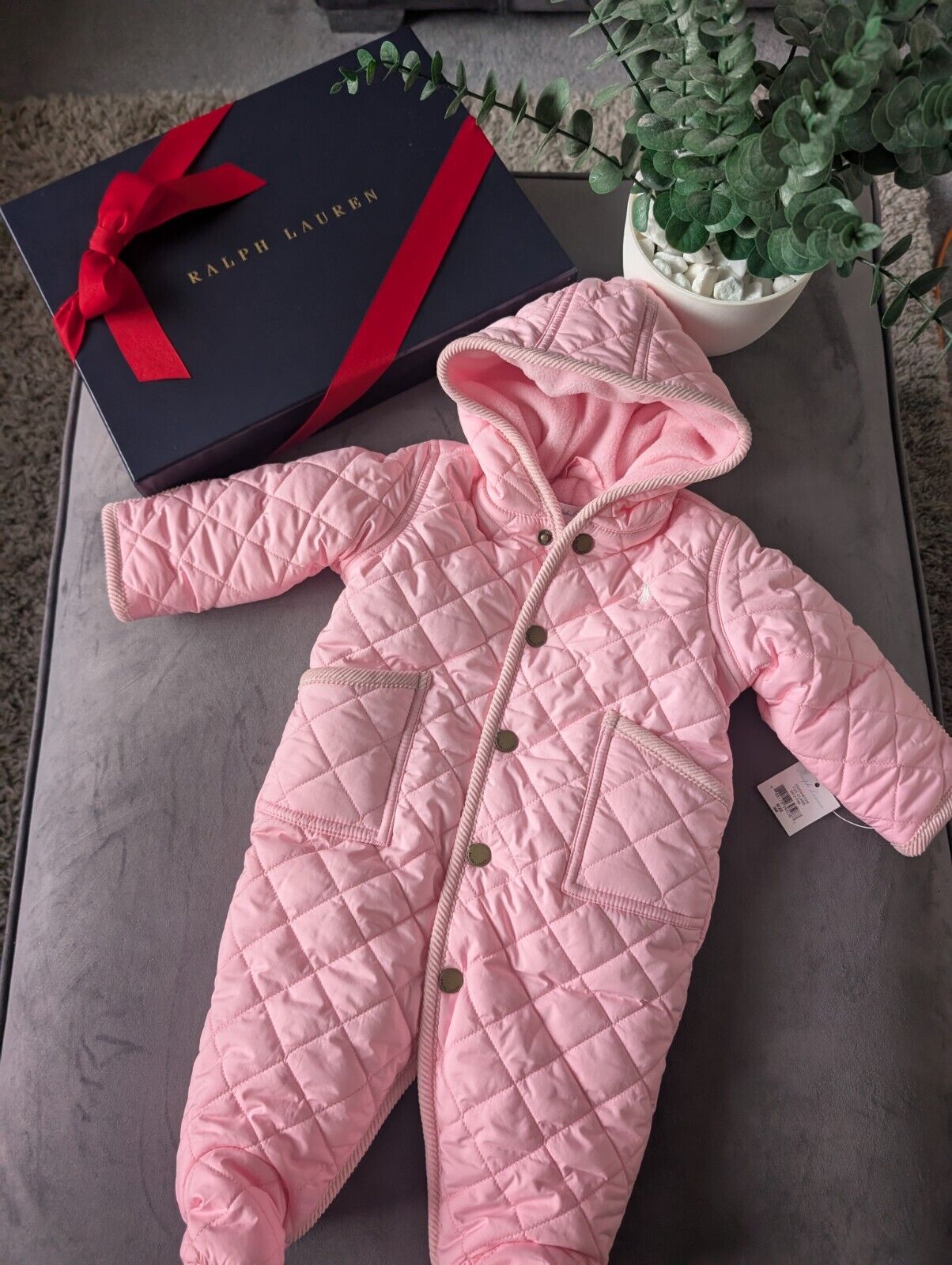 New ralph lauren Baby Pink quilted fleece lined pram suit snowsuit 0-3m Gift