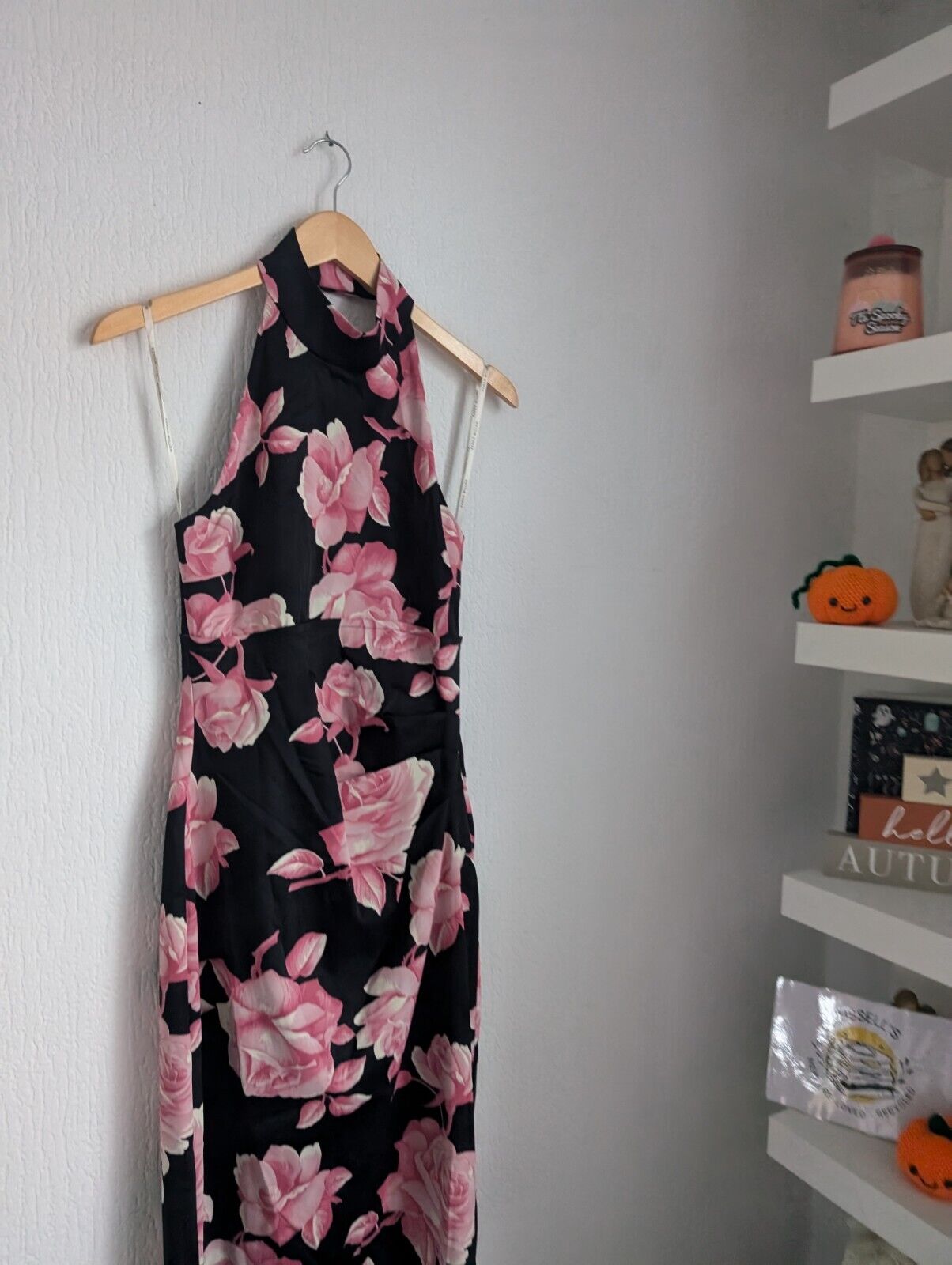 New Karen Millen Rose Print Halterneck Dress In Black/ Pink Size UK 12 Occasion