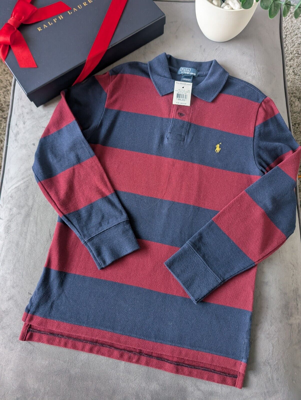 New Ralph Lauren Boys Rugby Style Stripe Long Sleeve Polo Burgundy Navy 10y Boys