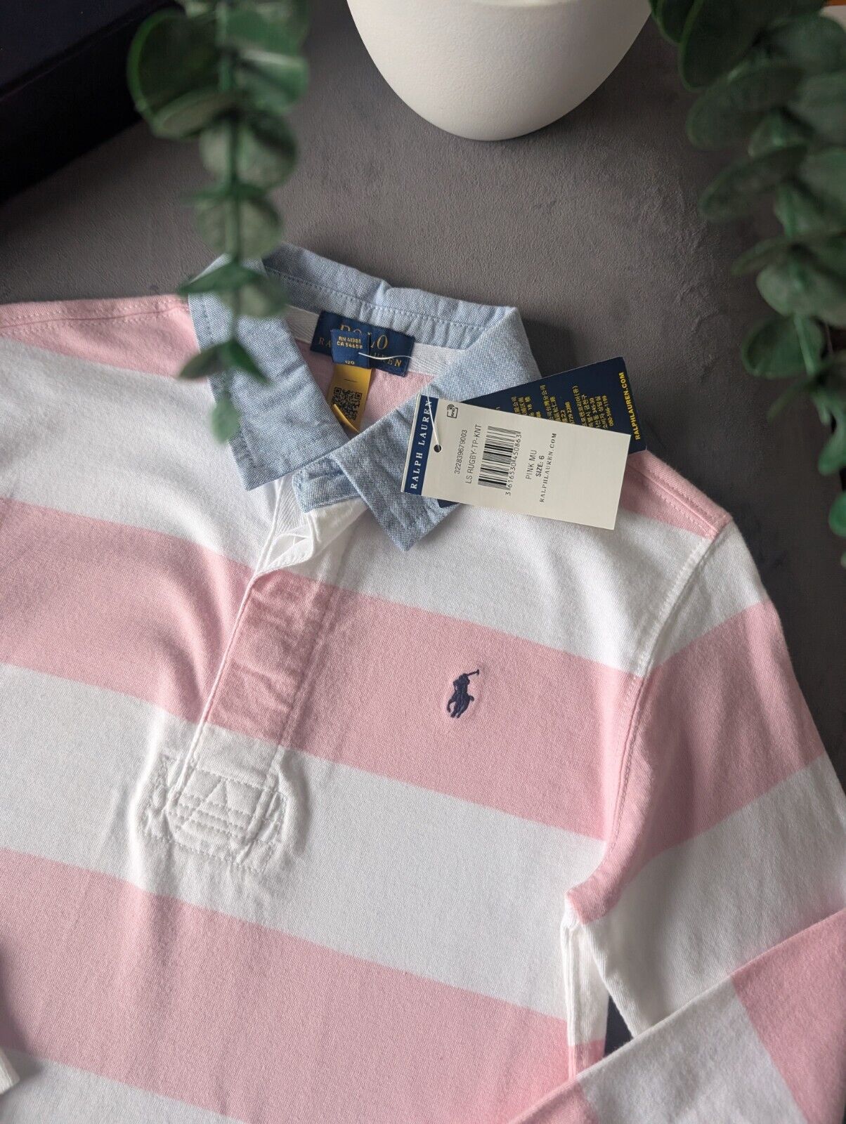 New Ralph Lauren Boys Iconic Pink White Stripe Long Sl Polo Shirt Smart Gift 6y