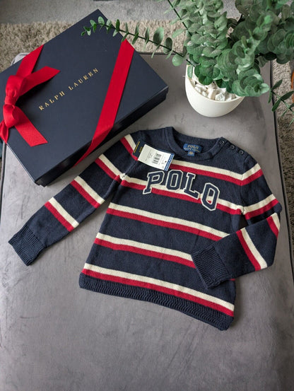 New Ralph Lauren Boys Navy Smart Casual Pullover Stripe Jumper Pony Logo Age 2-3