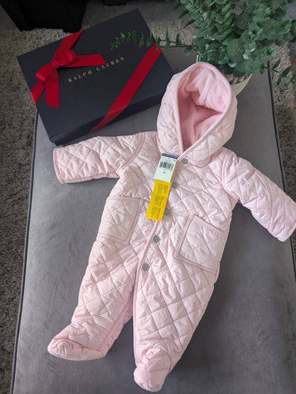 New ralph lauren Baby Pink quilted fleece lined pram suit snowsuit 0-3m Gift