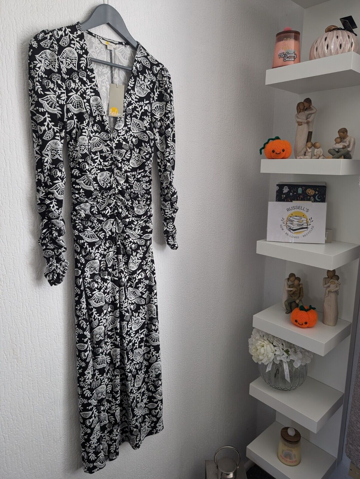 New Boden Ruched White & Black Print Jersey Midi Dress 6 R/Regular Autumn Winter