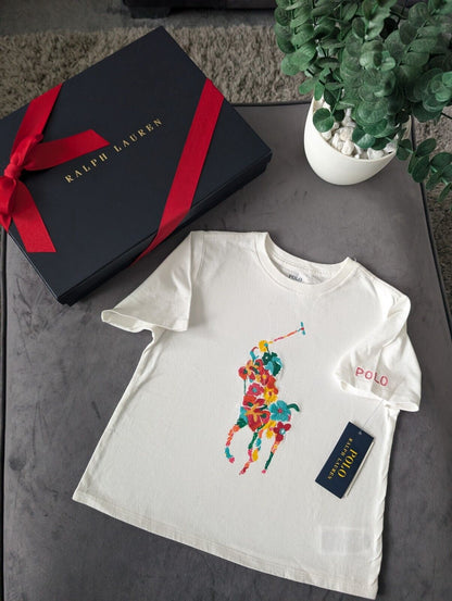 New Ralph Lauren Girls Ivory Embroidery Floral Pony Logo Top T Shirt Gift 6Xyrs