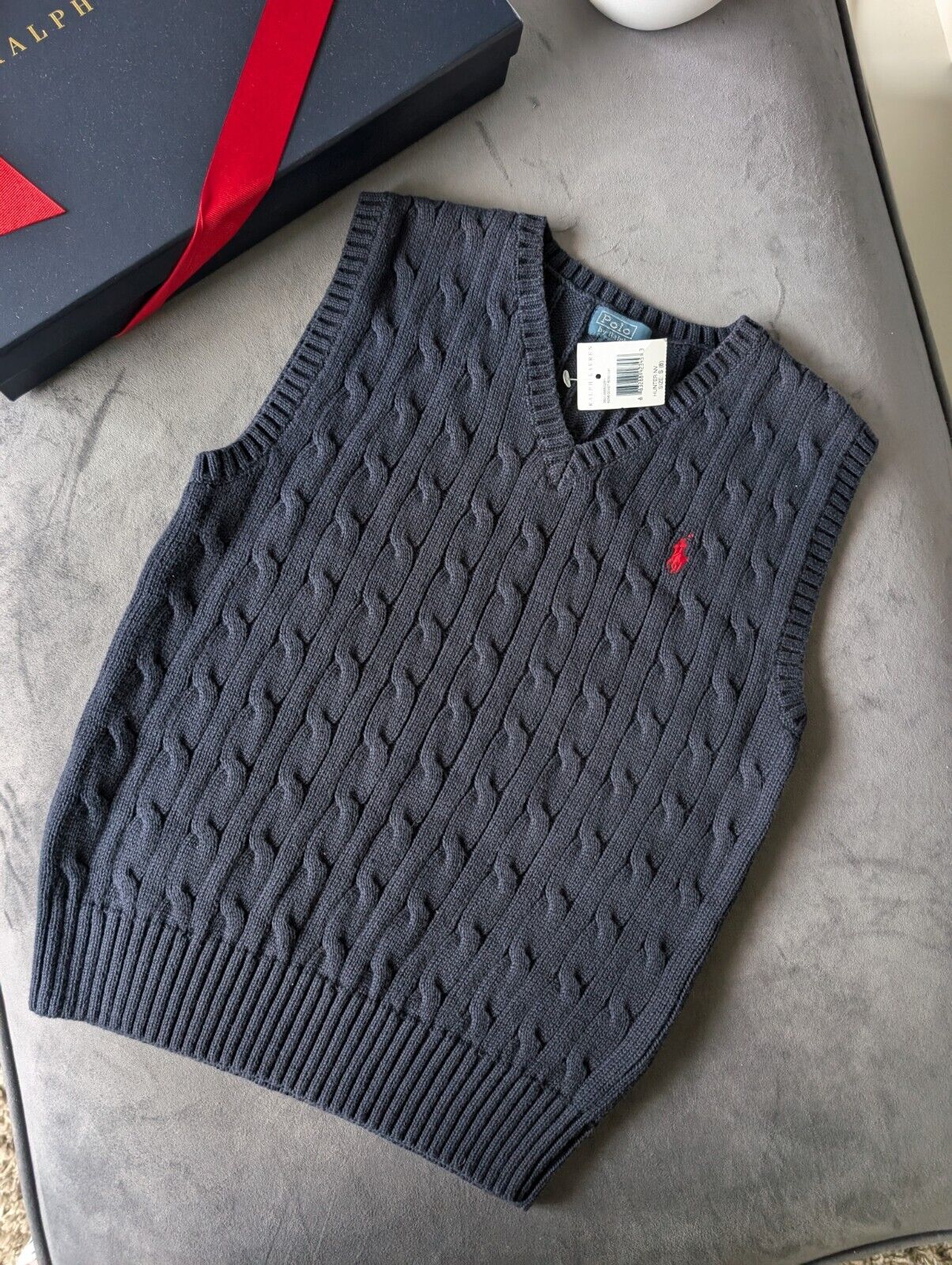 New Polo Ralph Lauren Navy Blue Cotton Sweater Jumper Vest Tank Top Size 8 Years