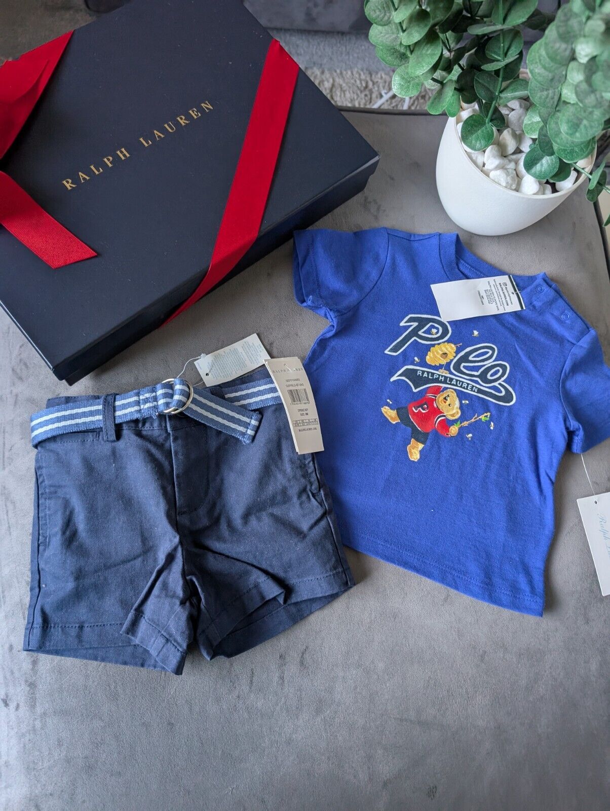 New adorable Ralph Lauren boys Bear Bee t Shirt + navy blue short set 6-9m gift