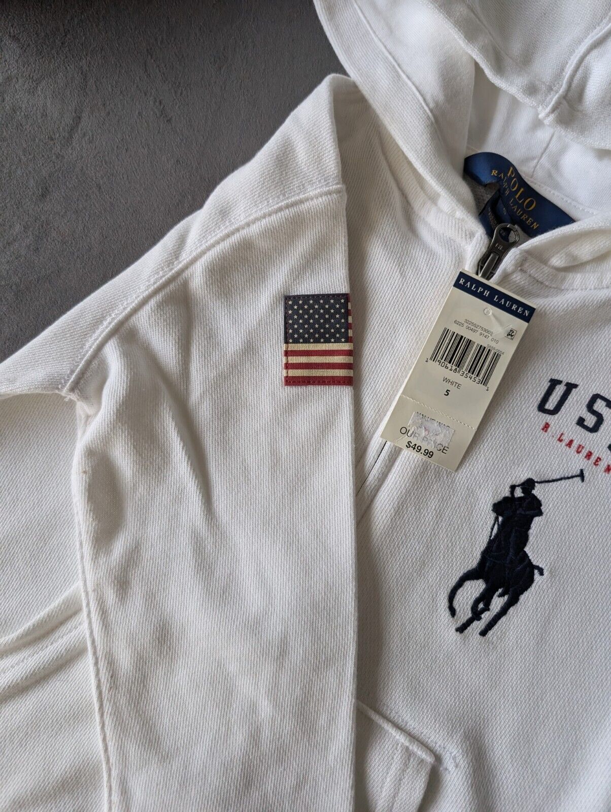 New Boys Ralph Lauren White Hoodie Polo Top American Flag Smart Age 5 Gift