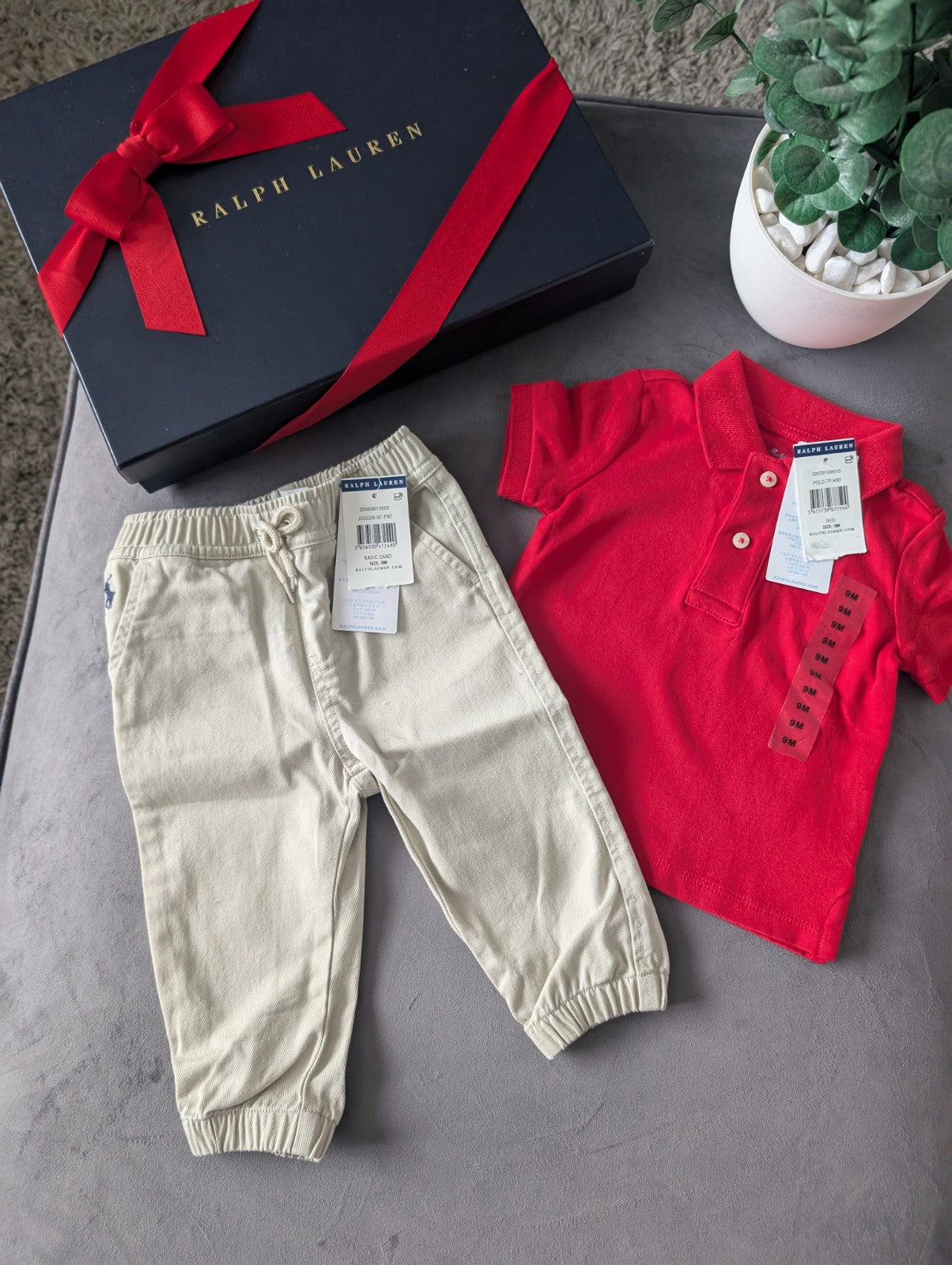 New adorable Ralph Lauren boys Polo Shirt Red  + Chino Trousers Age 6-9m Gift