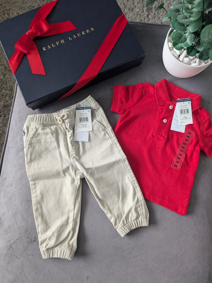 New adorable Ralph Lauren boys Polo Shirt Red  + Chino Trousers Age 6-9m Gift