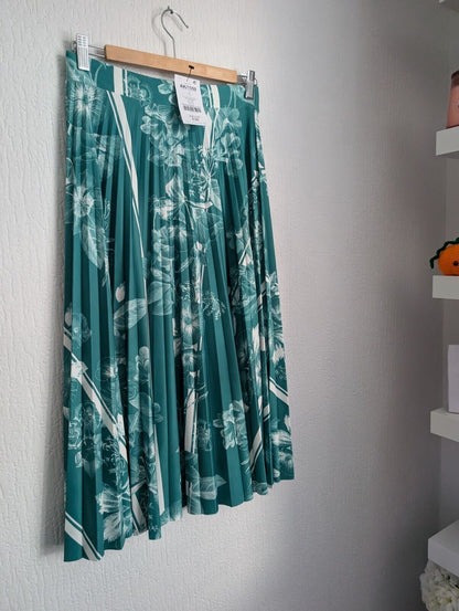 Next Green Floral Pleated Midi Scuba Skirt Elastic Waist Size 10 Autumn Casual