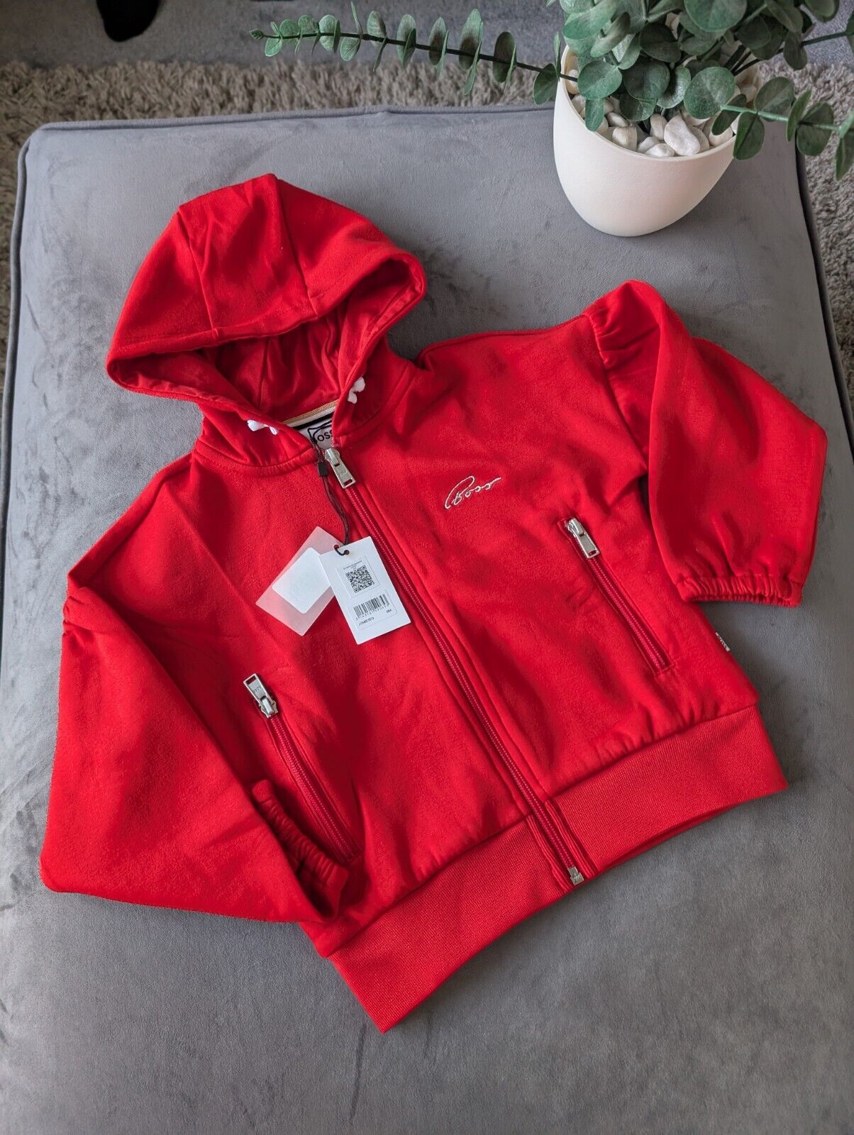 New Gorgeous Girls Hugo Boss Hoodie Red Age 6  Glitter Logo Puff Sleeve Gift