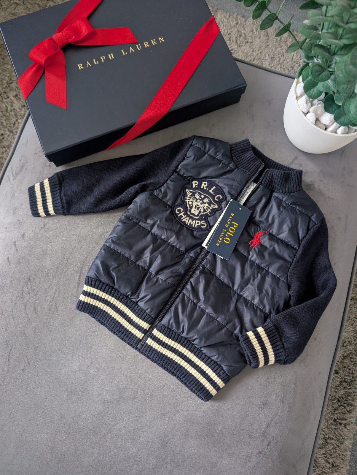 New Ralph Lauren Baby Boys Reversible Jacket Hoodie 18-24m Navy Tiger Knit Gift