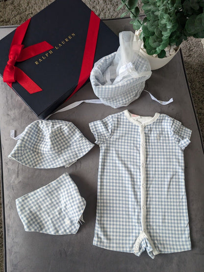 New Ralph Lauren Baby Boy Gift Set Basket Gingham Romper Hat + Bib 1-3m Newborn