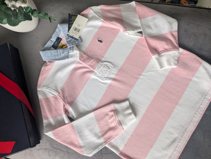 New Ralph Lauren Boys Iconic Pink White Stripe Long Sl Polo Shirt Smart Gift 6y