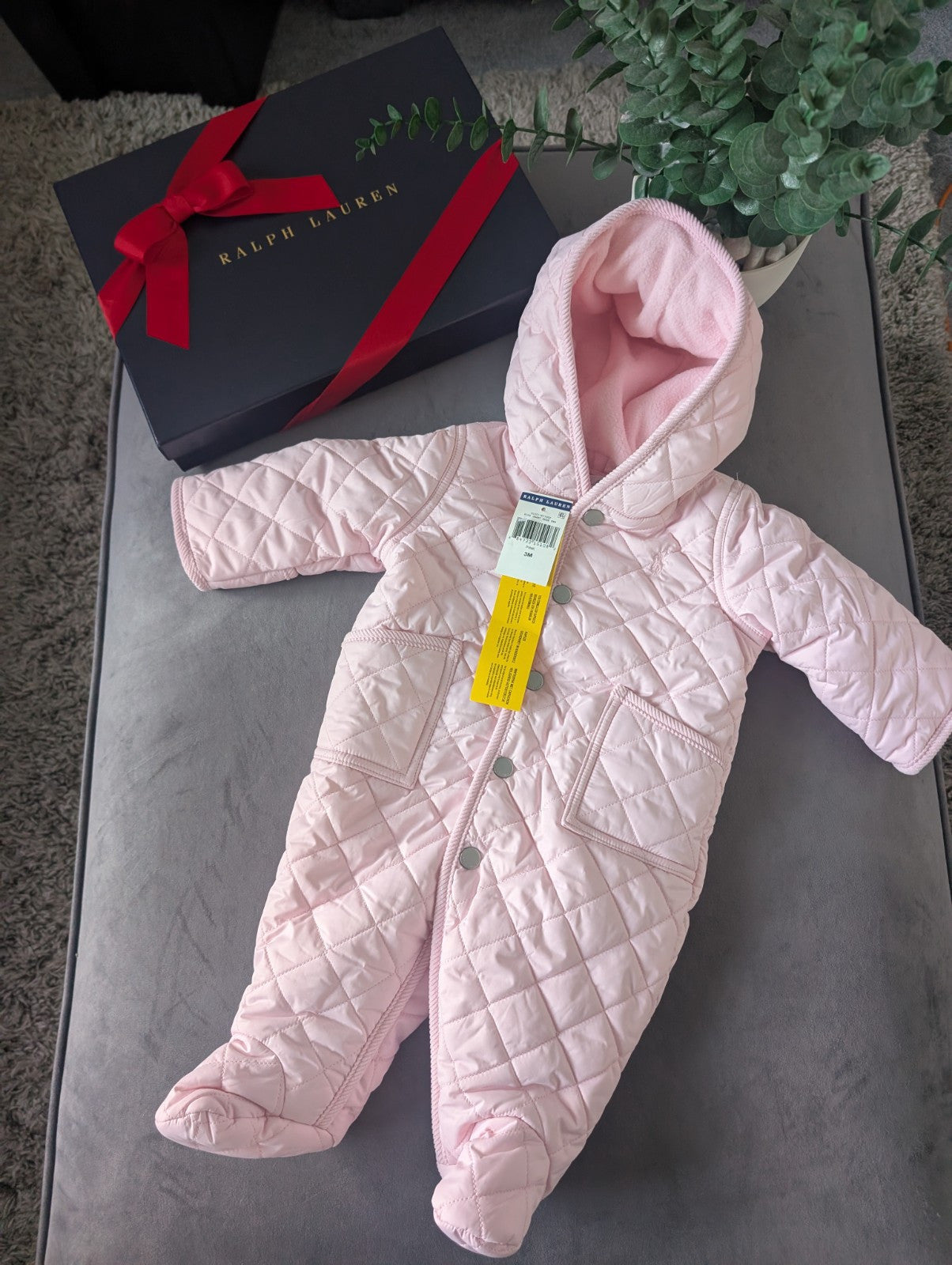 New ralph lauren Baby Pink quilted fleece lined pram suit snowsuit 0-3m Gift