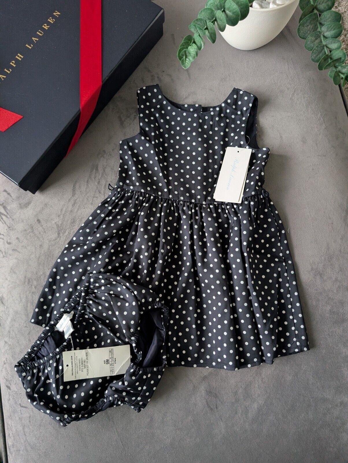 New Ralph Lauren Baby Girls Navy Polka Dot Spotty Dress 6-9m Spotty Gift polka