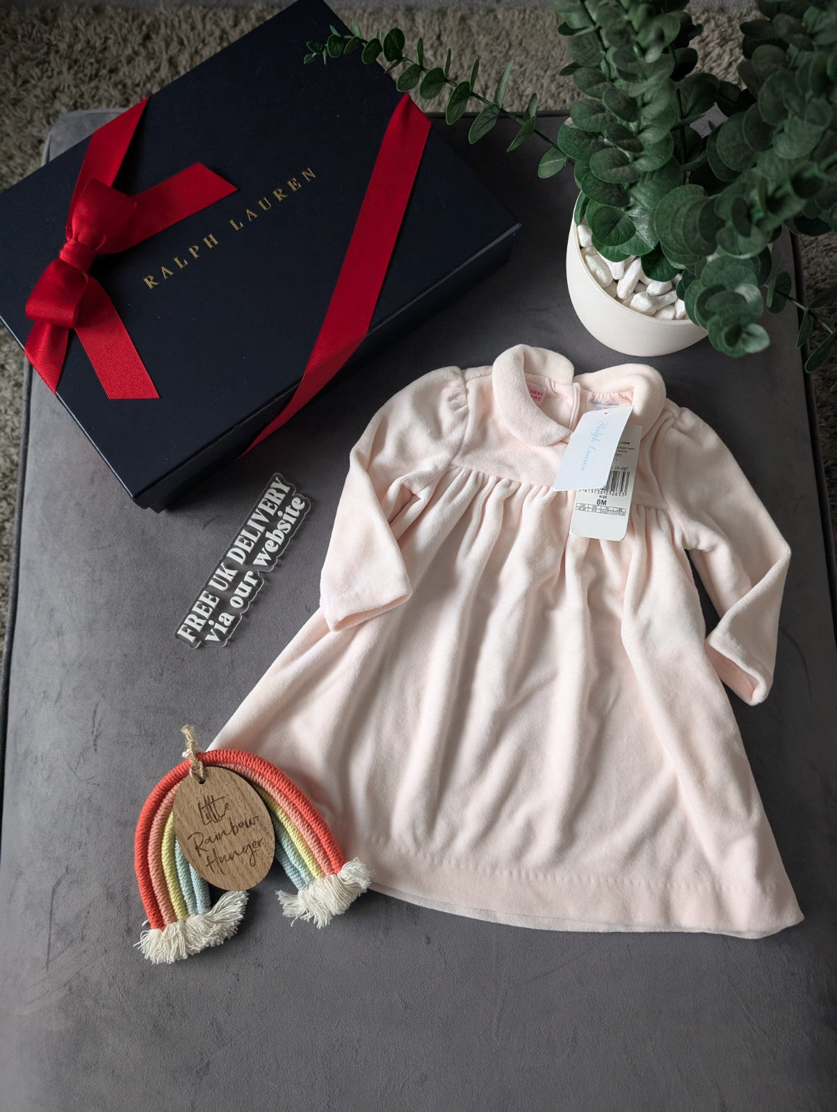 New Ralph Lauren Gorgeous Pink Scalloped Velvet Dress Baby Girl Gift 3-6m Cute