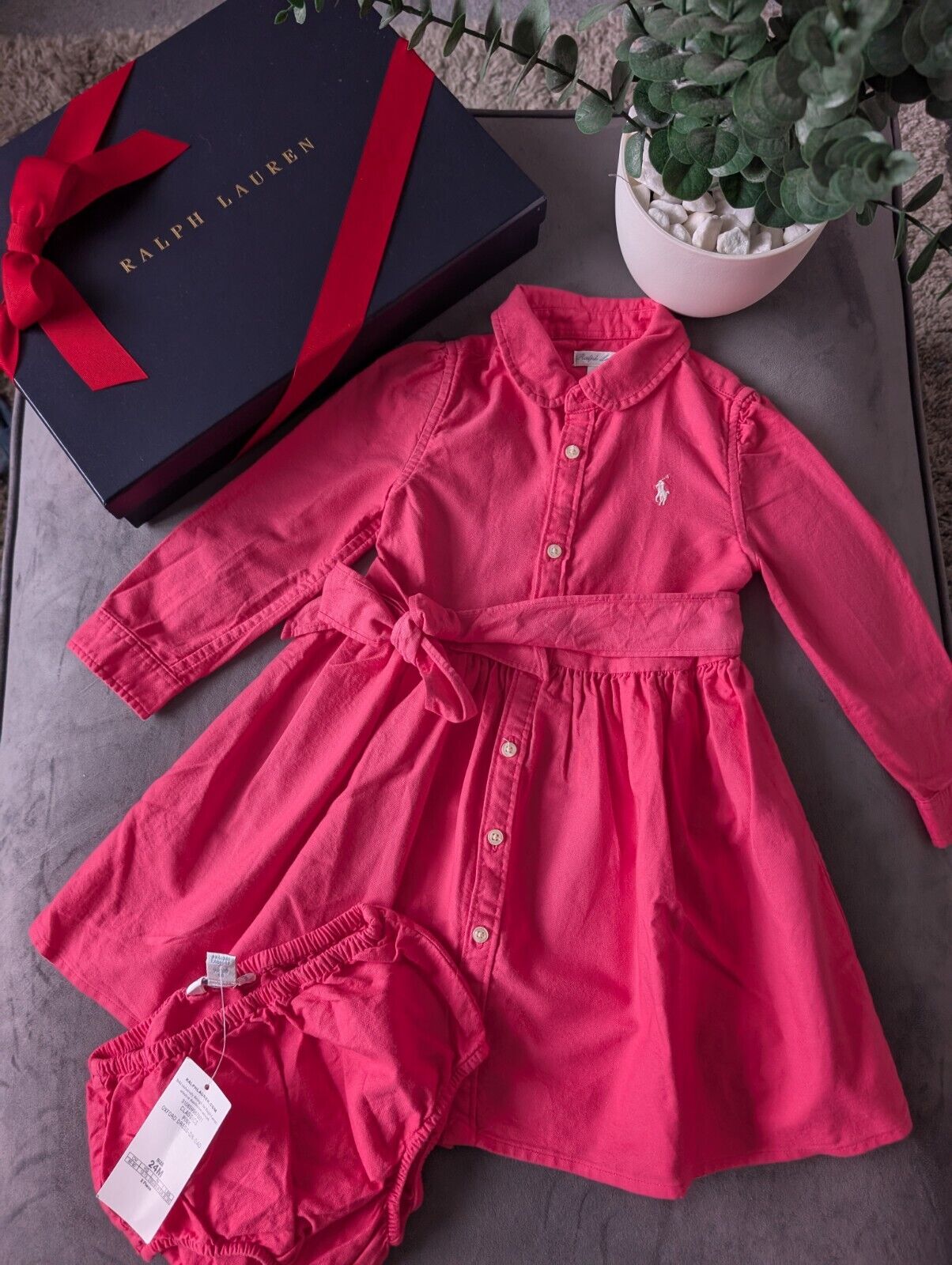 Bnwot Ralph Lauren Polo girls buttoned Oxford Shirt dress Pink Belt 18m Gift