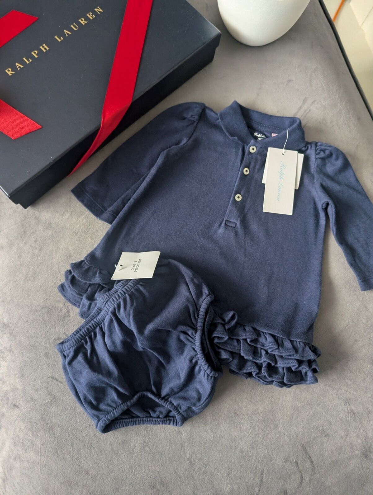 New Ralph Lauren navy long sleeve cupcake polo frill dress + bloomers 0-3m gift