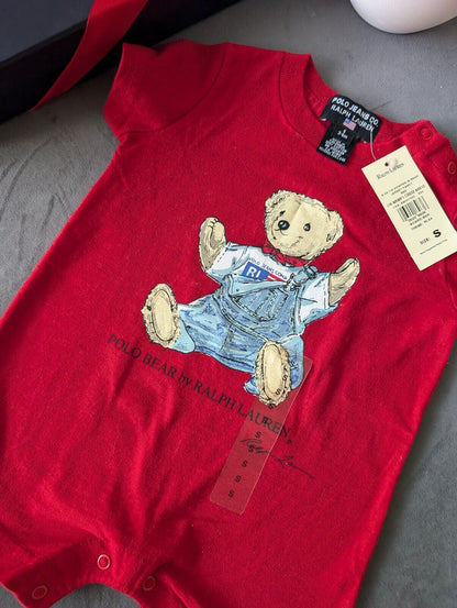 New Vintage Ralph Lauren Polo Jeans Bear Romper Baby Boy Red Cute Gift 3-6m